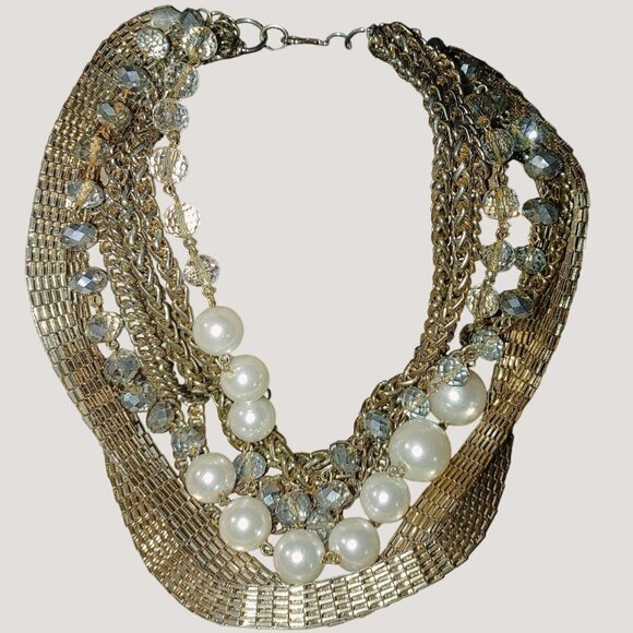 Jewelry - Statement Necklace Multi 8 Strand Glass Crystals Faux Pearls Gold Silver Chunky